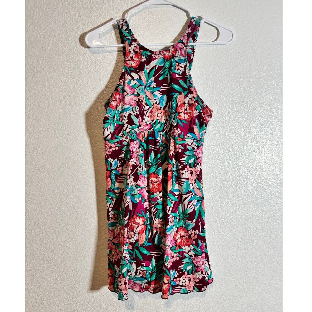 A Shore Fit! Size 8 Multicolor Floral High Neck Built-In Shelf Bra Swim Dress